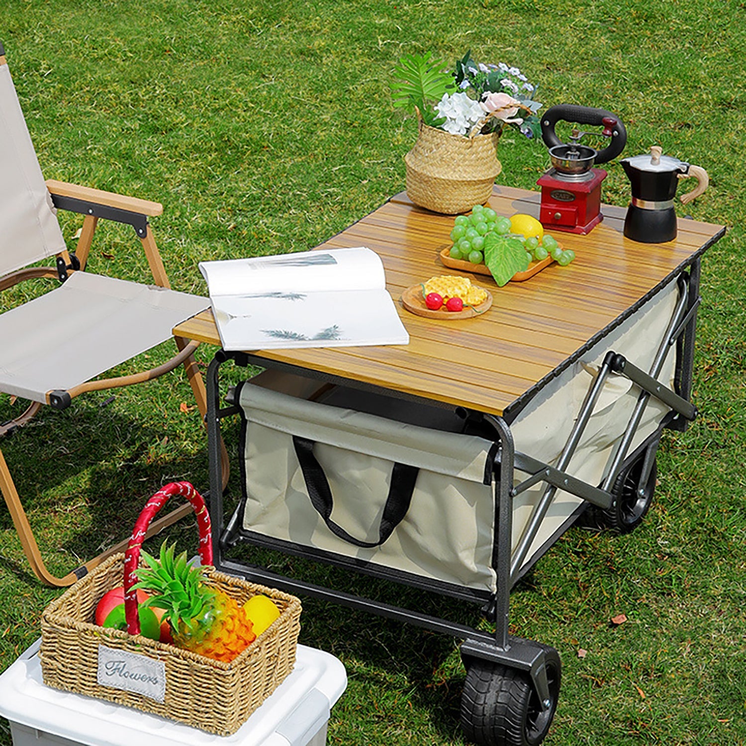 Folding Wagon Cart-Flagship Model-Off-White [8-Inch Tank Caster / With Double Top Brakes]