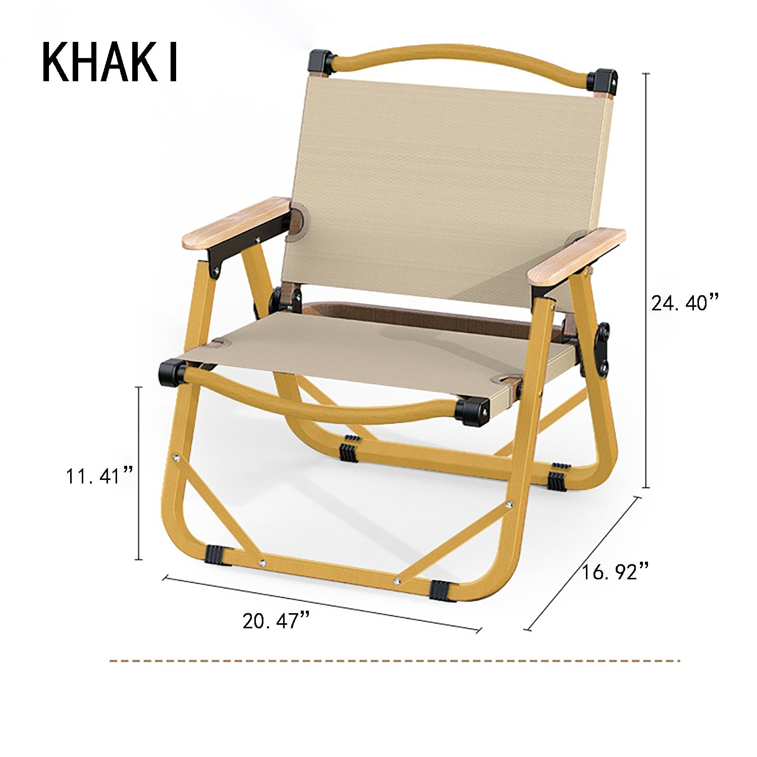 Folding Camping Chair-Reinforced Model - Medium [Yellow Chair Frame + Khaki] - Beech Armrest